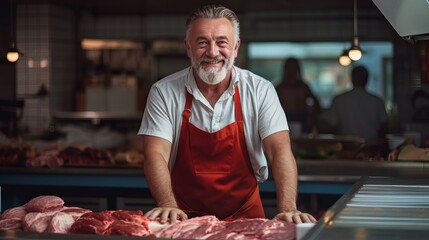 A butcher in an apron stands behind a counter displaying various cuts of meat in a bustling market setting.